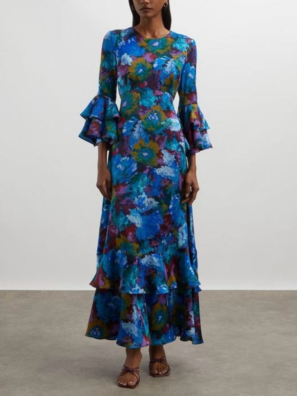 NWT Liberty Artist's Bouquet Silk Satin Blue Floral Gala Maxi Dress - Picture 2 of 10